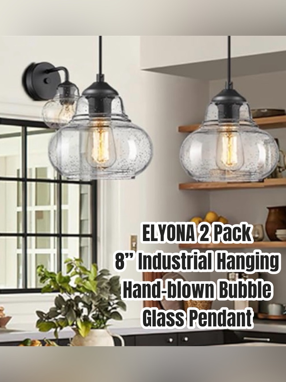 ELYONA 2-Pack Industrial Hanging Hand-Blown Bubble Glass Pendant - Clear/Black